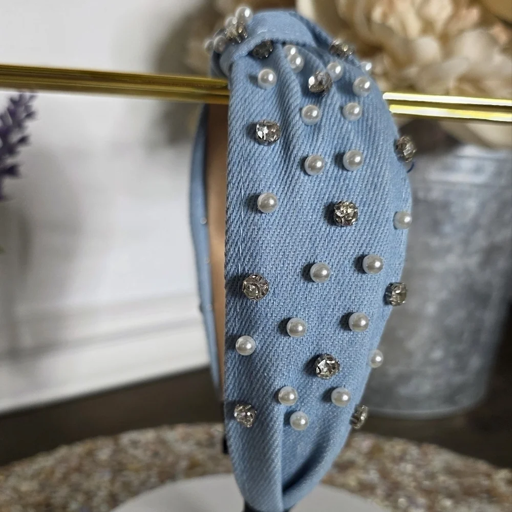 Chic Denim Blue Headband with Pearls and Crystals